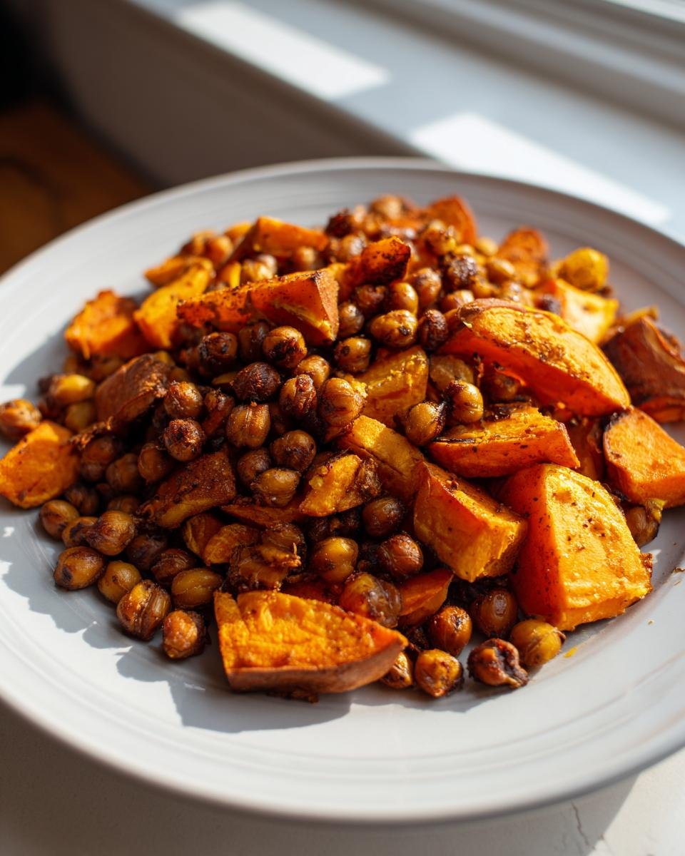 A close-up of roasted Chickpea Spiced Sweet Potatoes piled high on a white plate, showing caramelized edges.