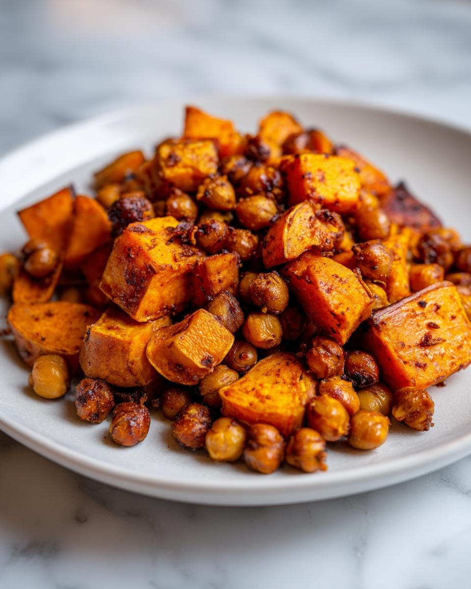 A close-up of roasted Chickpea Spiced Sweet Potatoes served on a white plate against a marble background.