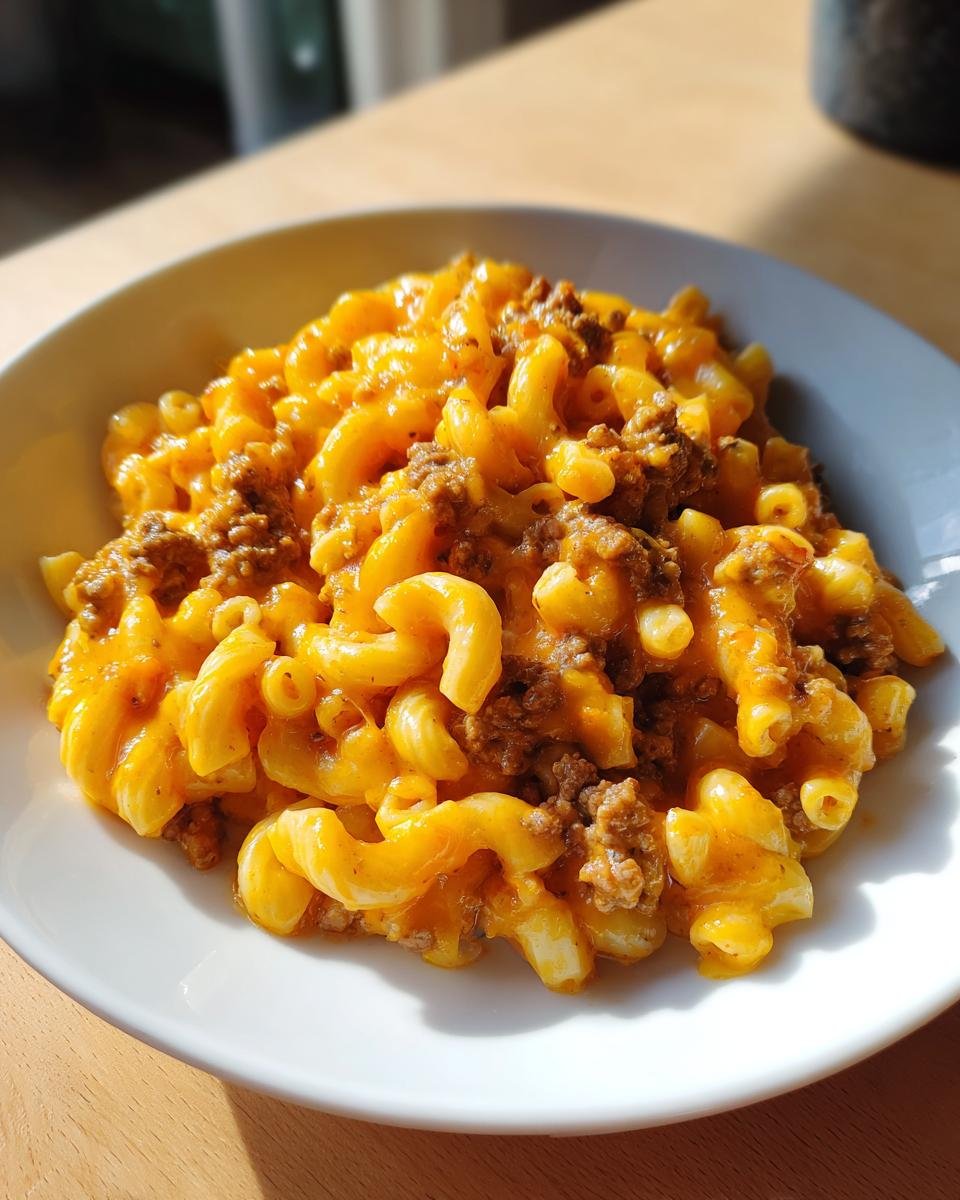 A close-up of a white bowl filled with My Childhood Homemade Hamburger Helper, showing elbow macaroni in a rich, cheesy sauce mixed with ground beef.