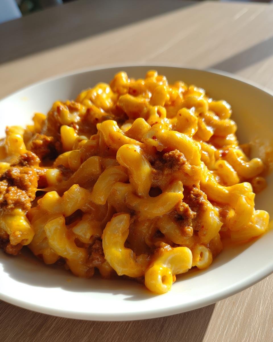 A close-up of a bowl filled with creamy, cheesy My Childhood Homemade Hamburger Helper featuring elbow macaroni and ground beef.