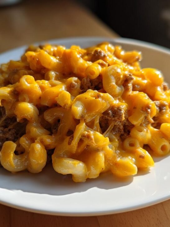 A generous serving of My Childhood Homemade Hamburger Helper with cheesy macaroni and ground beef on a white plate.