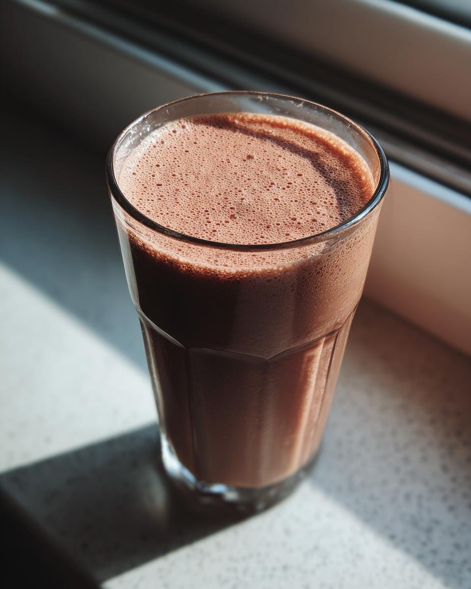 A close-up of a glass filled with frothy Chocolate Almond Milk, with sunlight casting shadows.
