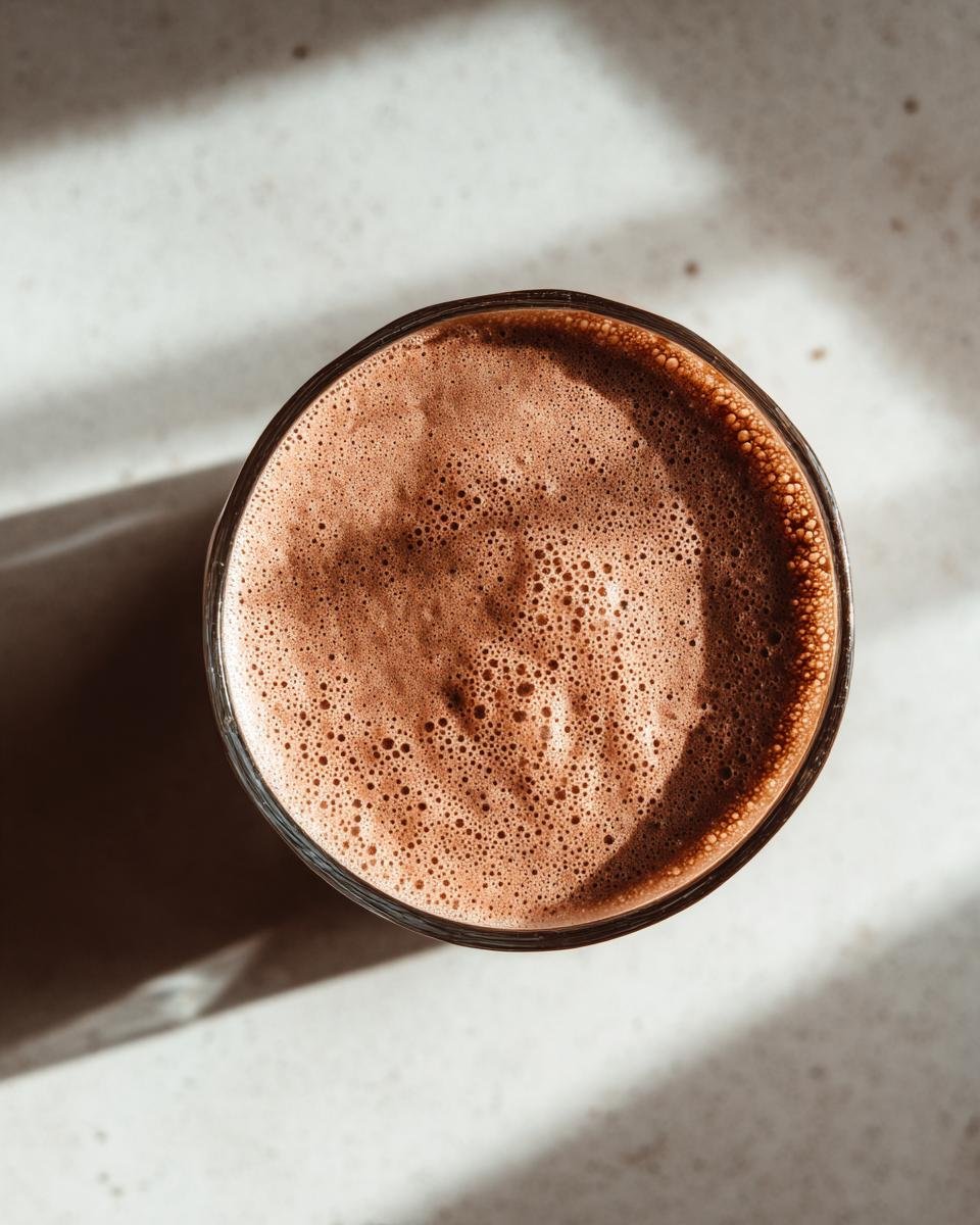 Top view of a glass filled with frothy chocolate almond milk, showcasing its rich color and bubbly texture.
