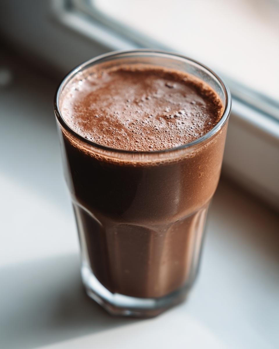 A close-up of a tall glass filled with rich, frothy Chocolate Almond Milk.
