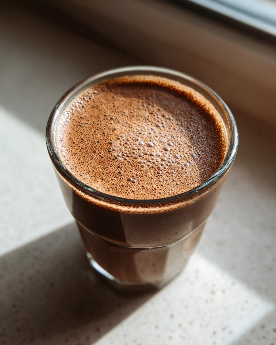 A close-up shot of frothy Chocolate Almond Milk in a clear glass, bathed in sunlight.