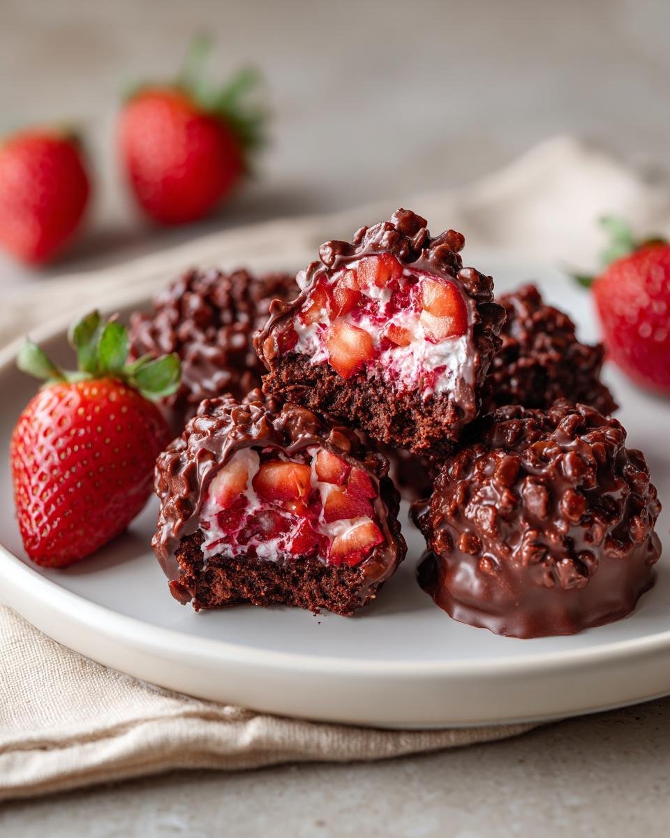 Close-up of Irresistible Chocolate Covered Strawberry Yogurt Clusters, showing a cross-section with fresh strawberries and creamy yogurt filling.