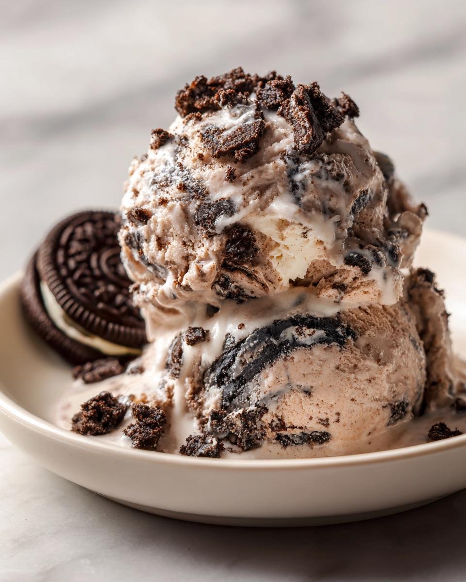 Two scoops of melting Chocolate Oreo Ice Cream No Churn, topped with cookie crumbles and an Oreo cookie beside it.