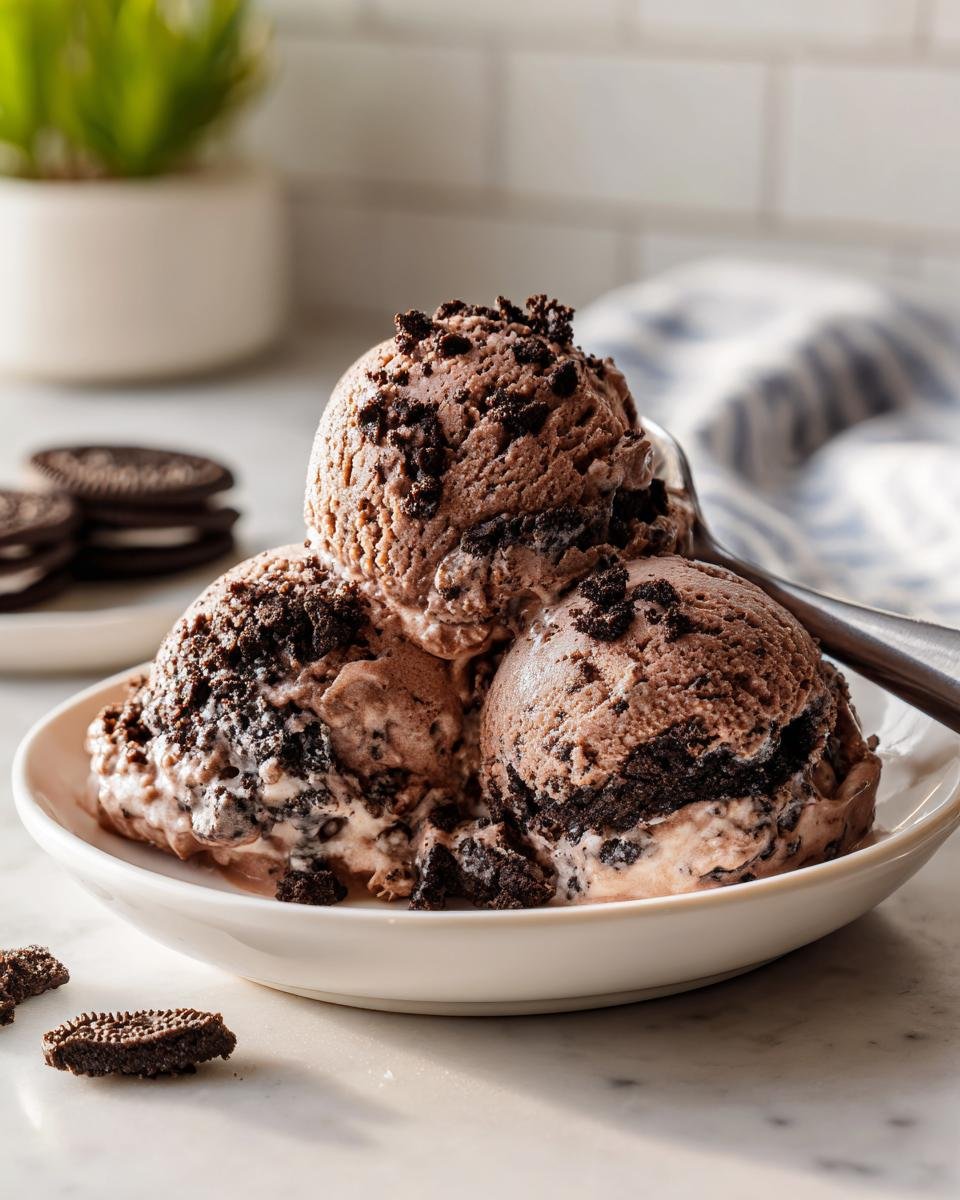 Three scoops of rich Chocolate Oreo Ice Cream No Churn topped with cookie crumbles in a white bowl.