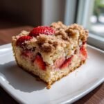 A delicious slice of Cinnamon Brown Butter Strawberry Crumb Cake, topped with fresh strawberries and crumb topping.