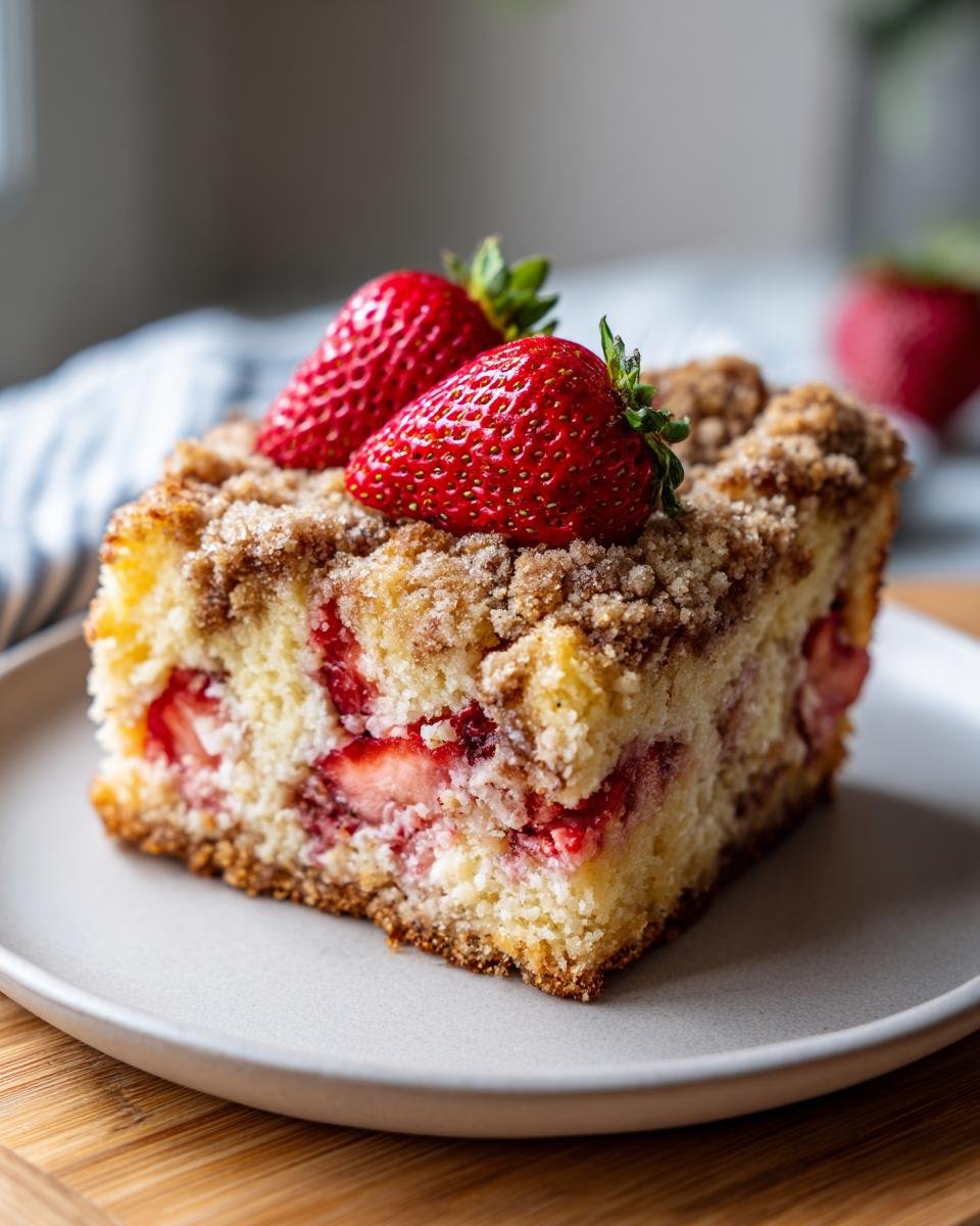 A slice of Cinnamon Brown Butter Strawberry Crumb Cake topped with fresh strawberries and crumb topping.