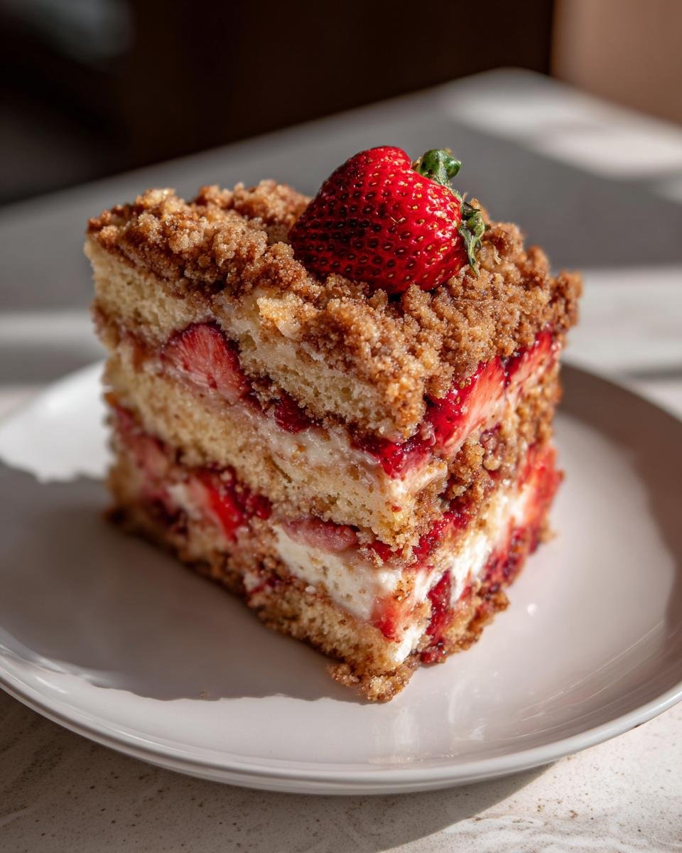 A decadent slice of Cinnamon Brown Butter Strawberry Crumb Cake, layered with strawberries and cream, topped with a fresh strawberry.