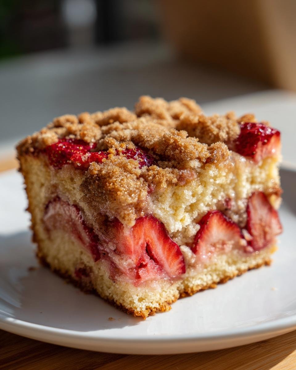 A close-up of a slice of Cinnamon Brown Butter Strawberry Crumb Cake on a white plate, showcasing fresh strawberries and a crumb topping.