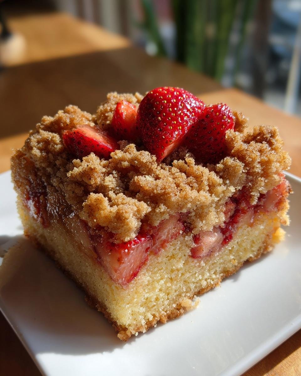 A delicious slice of Cinnamon Brown Butter Strawberry Crumb Cake, topped with fresh strawberries and crumb topping.