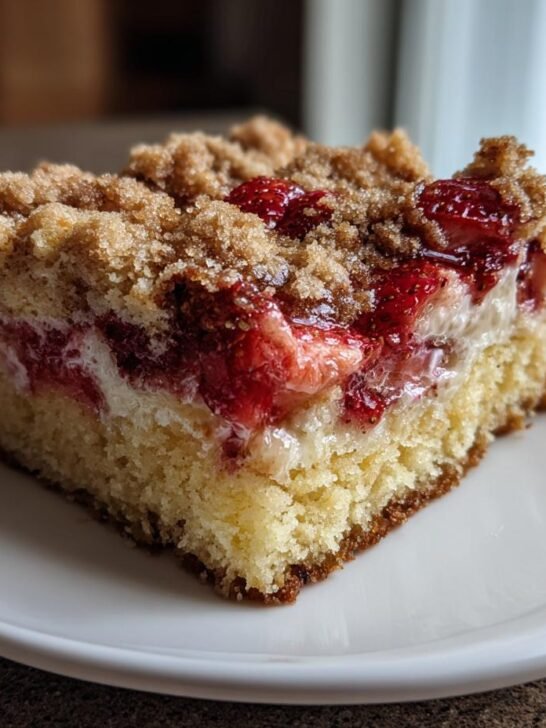 A delicious slice of Cinnamon Brown Butter Strawberry Crumb Cake on a white plate, showcasing layers of cake, cream, and strawberries.