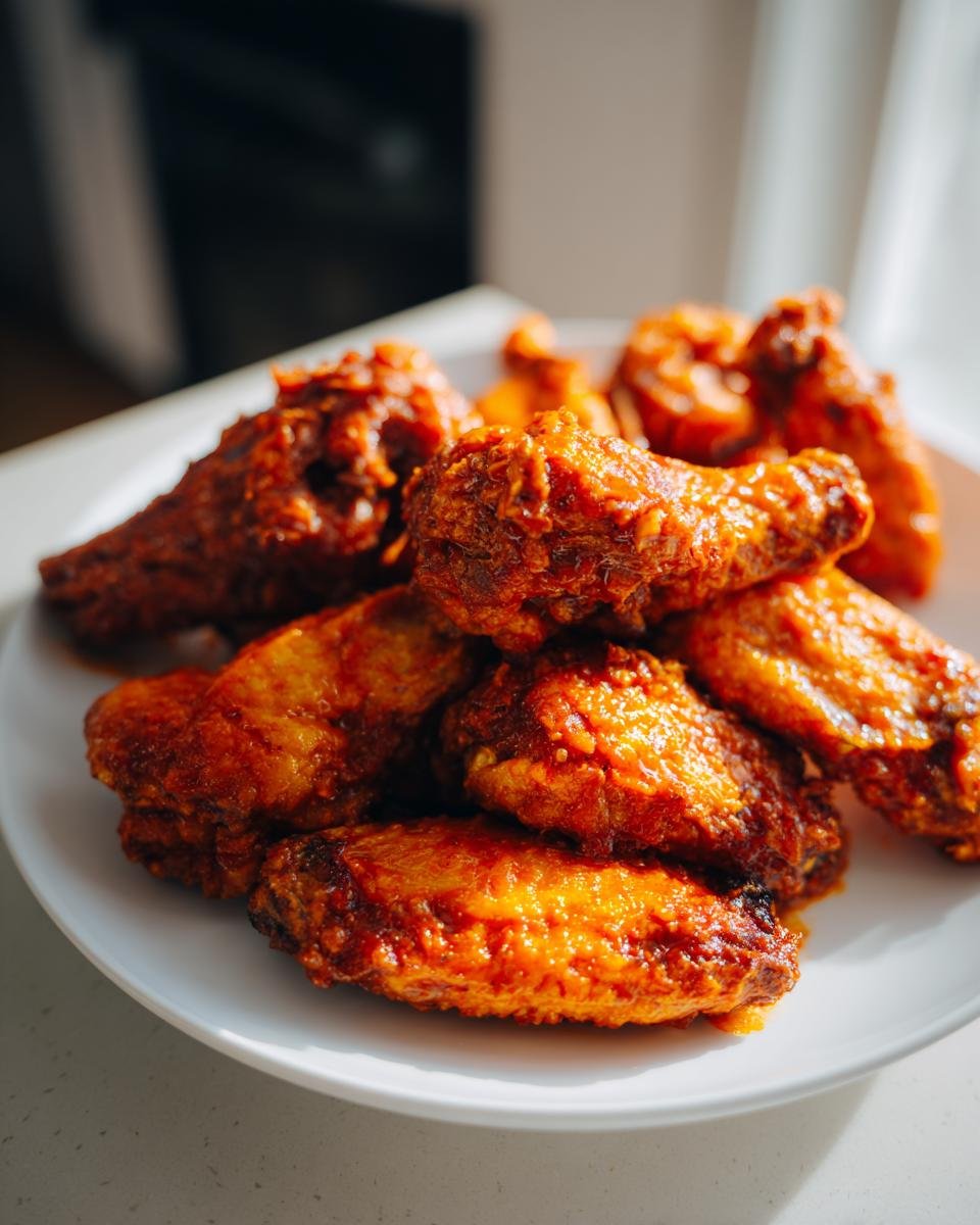 A close-up of crispy, saucy Classic Oven Baked Buffalo Wings piled high on a white plate.