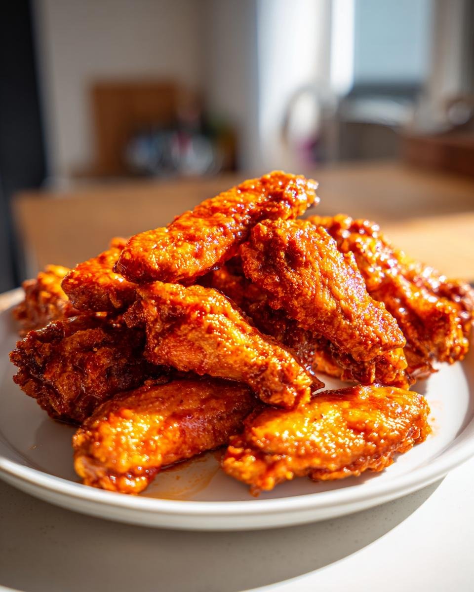 A close-up, bright photo of a mound of crispy Classic Oven Baked Buffalo Wings coated in vibrant orange sauce.
