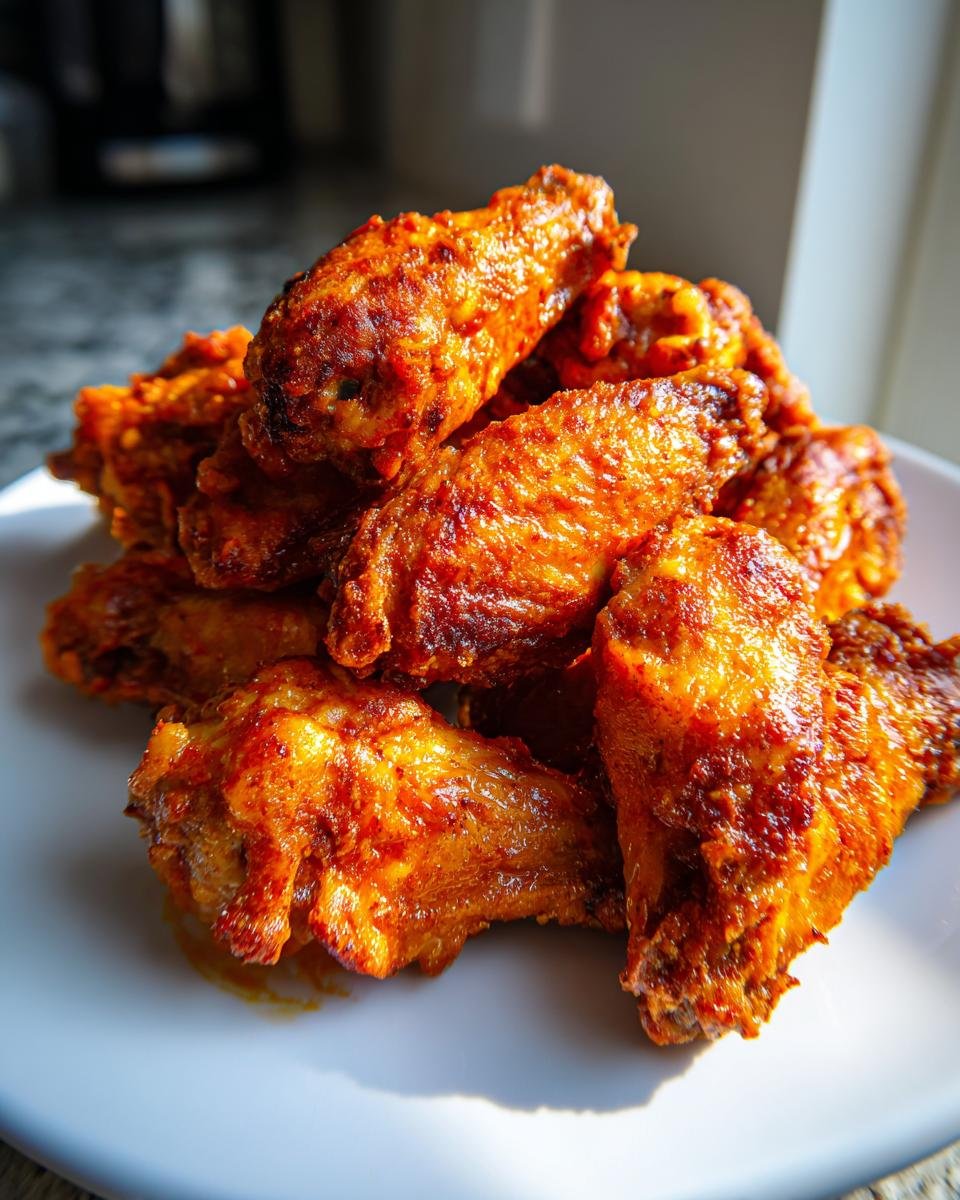 A close-up pile of crispy, saucy Classic Oven Baked Buffalo Wings on a white plate.
