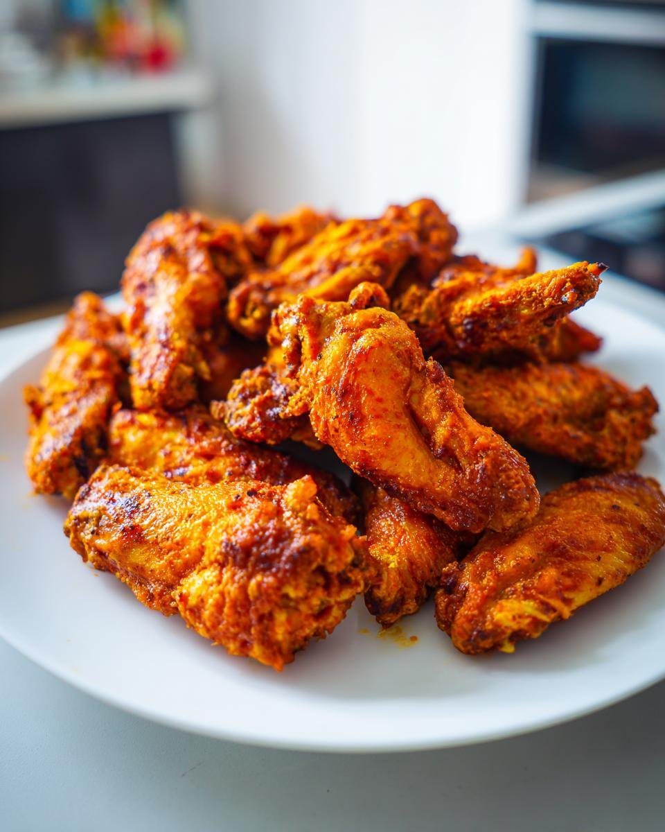 A pile of perfectly cooked Classic Oven Baked Buffalo Wings coated in a vibrant orange sauce on a white plate.