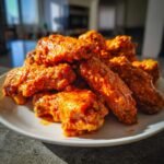 A close-up of a pile of saucy Classic Oven Baked Buffalo Wings on a white plate.