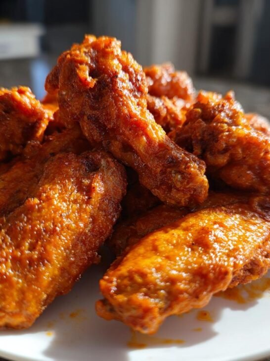 A mound of crispy, saucy Classic Oven Baked Buffalo Wings piled high on a white plate.