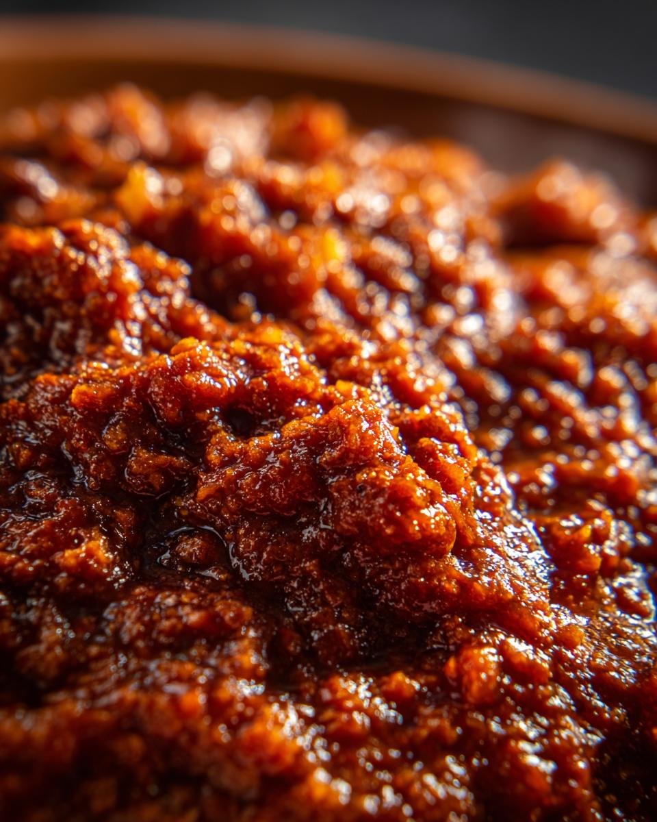 Extreme close-up shot highlighting the rich, thick, and textured consistency of the Vegan Bolognese sauce.