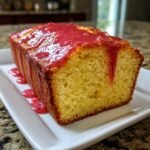 A slice of moist cream cheese pound cake topped with a vibrant strawberry glaze.