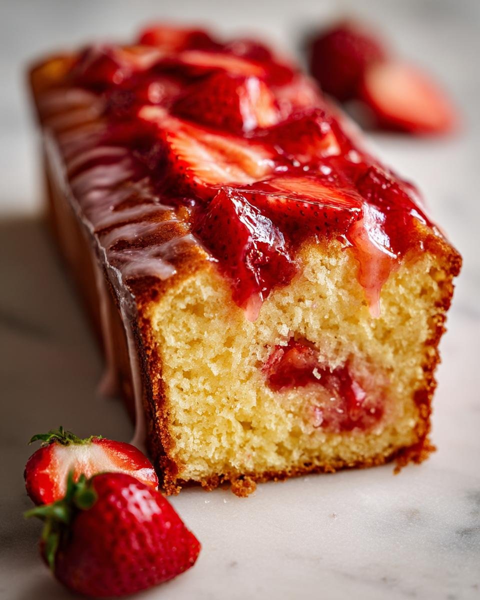 A slice of Cream Cheese Pound Cake topped with a vibrant Strawberry Glaze and fresh strawberries.