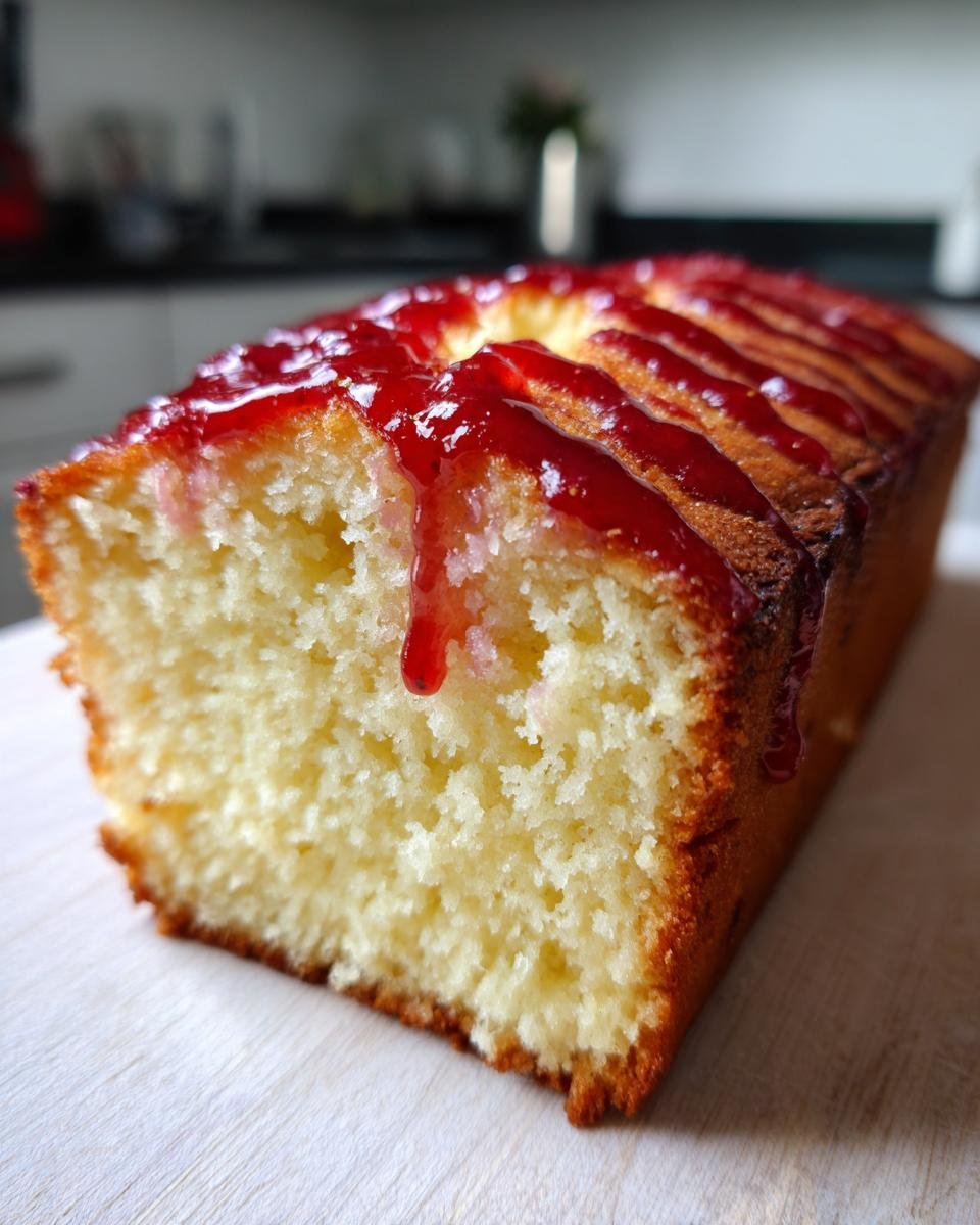 A slice of moist Cream Cheese Pound Cake topped with a vibrant Strawberry Glaze.