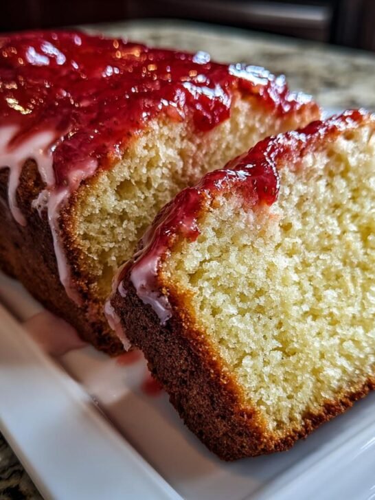 A slice of moist Cream Cheese Pound Cake topped with a vibrant Strawberry Glaze.