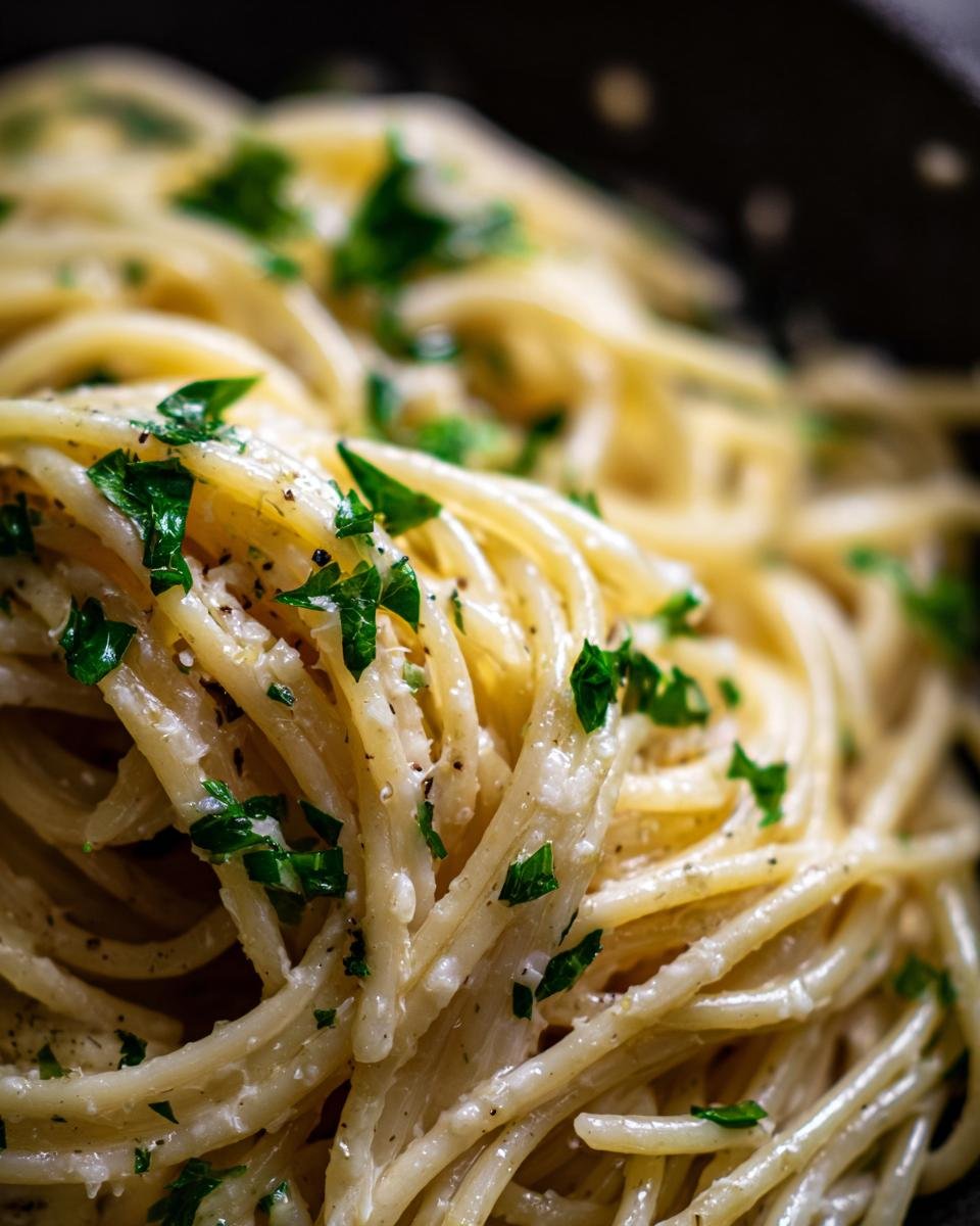 Close-up of spaghetti coated in an Irresistible Creamy Garlic Sauce Recipe, garnished with fresh parsley and black pepper.