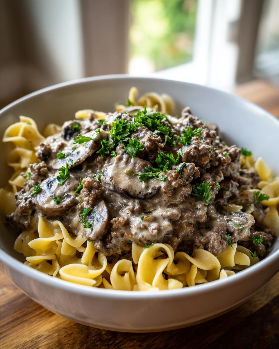 A bowl of creamy ground beef stroganoff served over egg noodles, garnished with fresh parsley.