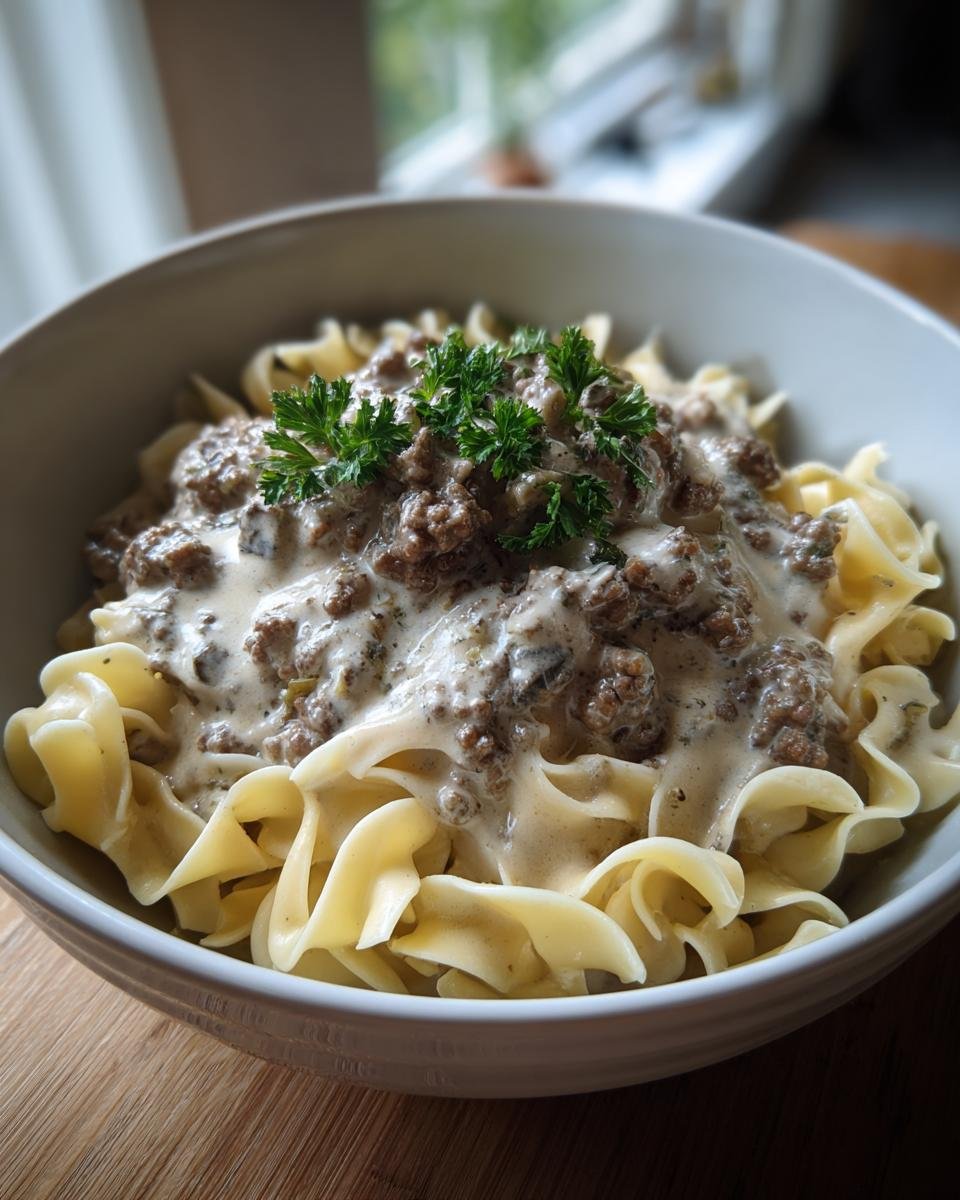 A bowl of Creamy Ground Beef Stroganoff served over wide egg noodles, garnished with fresh parsley.