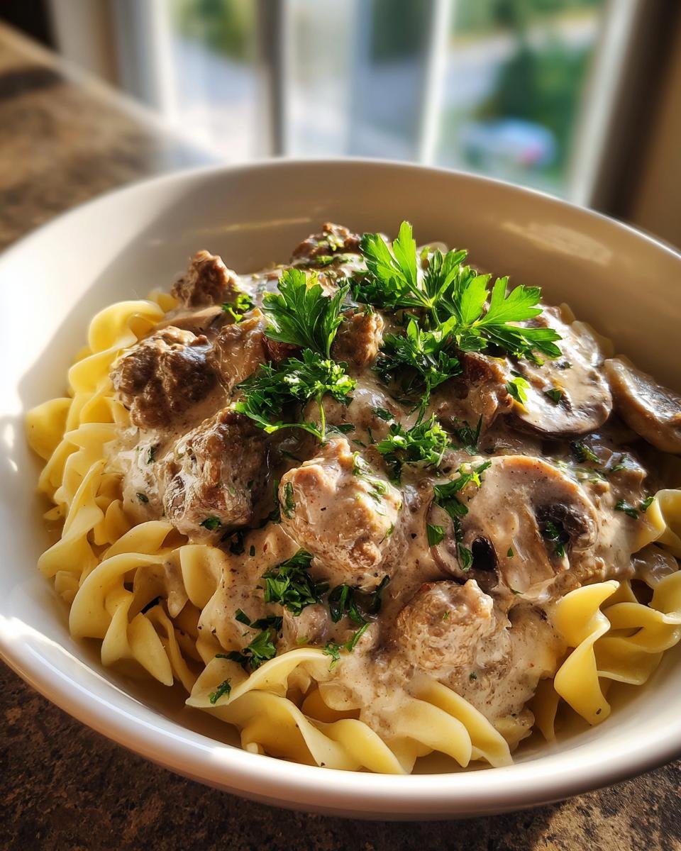 A bowl of creamy ground beef stroganoff served over egg noodles, garnished with fresh parsley.