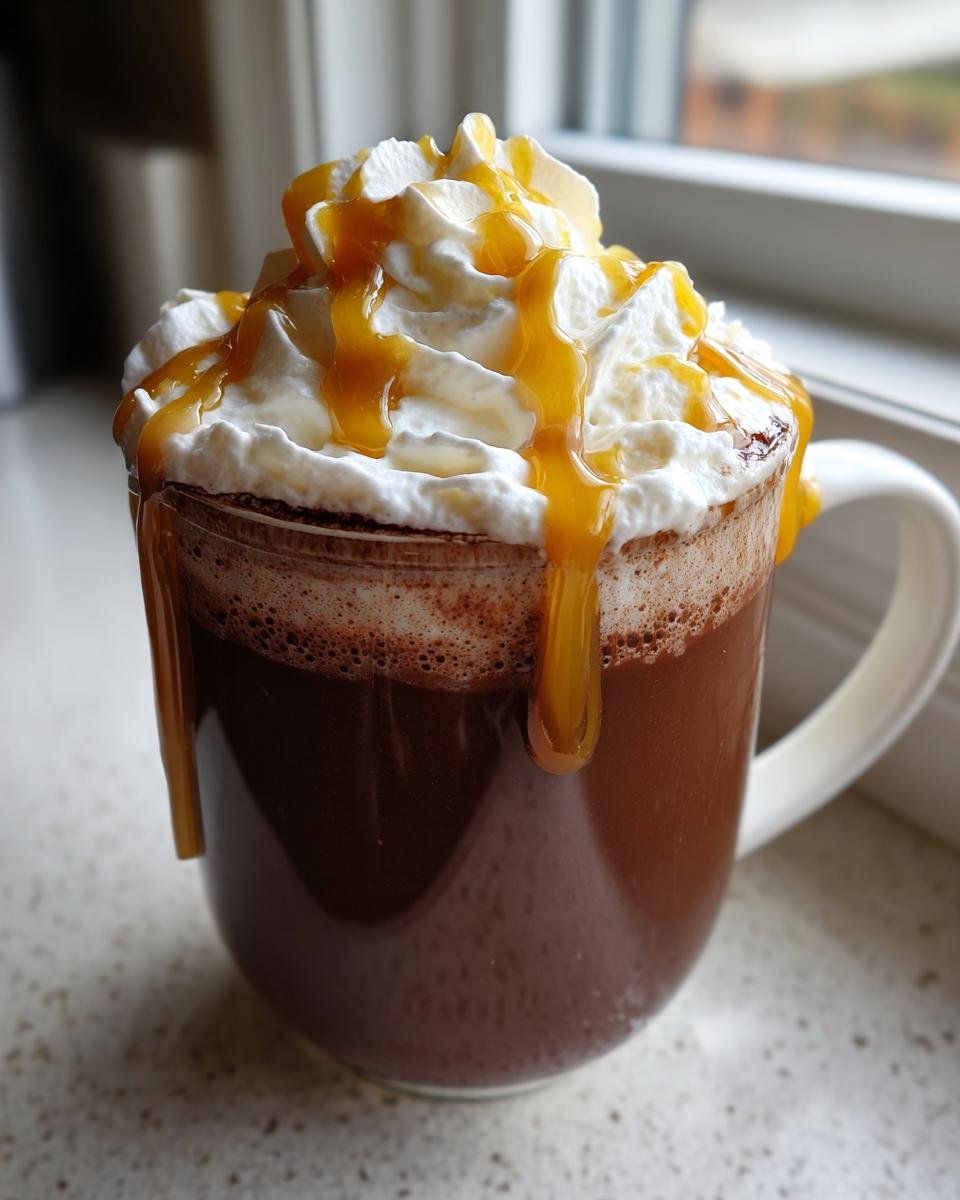 A mug filled with rich, dark Creamy Homemade Caramel Hot Chocolate topped with whipped cream and dripping caramel sauce.