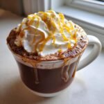 A rich mug of Creamy Homemade Caramel Hot Chocolate topped with whipped cream and caramel drizzle.
