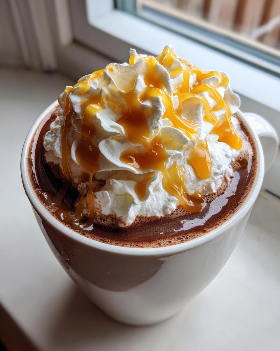 Close-up of a mug filled with Creamy Homemade Caramel Hot Chocolate topped with whipped cream and caramel drizzle.