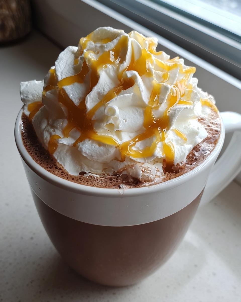 Close-up of a mug filled with Creamy Homemade Caramel Hot Chocolate, topped with whipped cream and caramel drizzle.