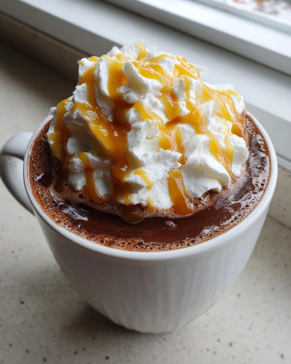 Close-up of a mug filled with Creamy Homemade Caramel Hot Chocolate, topped with whipped cream and caramel drizzle.