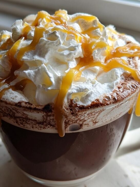 Close-up of a rich, dark Creamy Homemade Caramel Hot Chocolate topped with whipped cream and drizzled with caramel sauce.