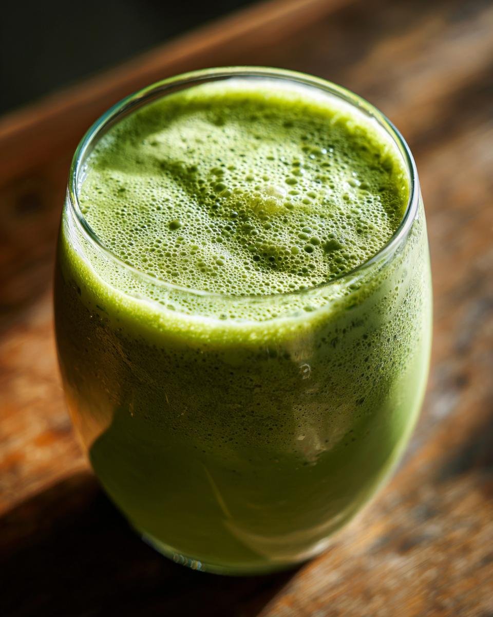 A close-up of a glass filled with frothy, vibrant green Creamy Pistachio Milk.