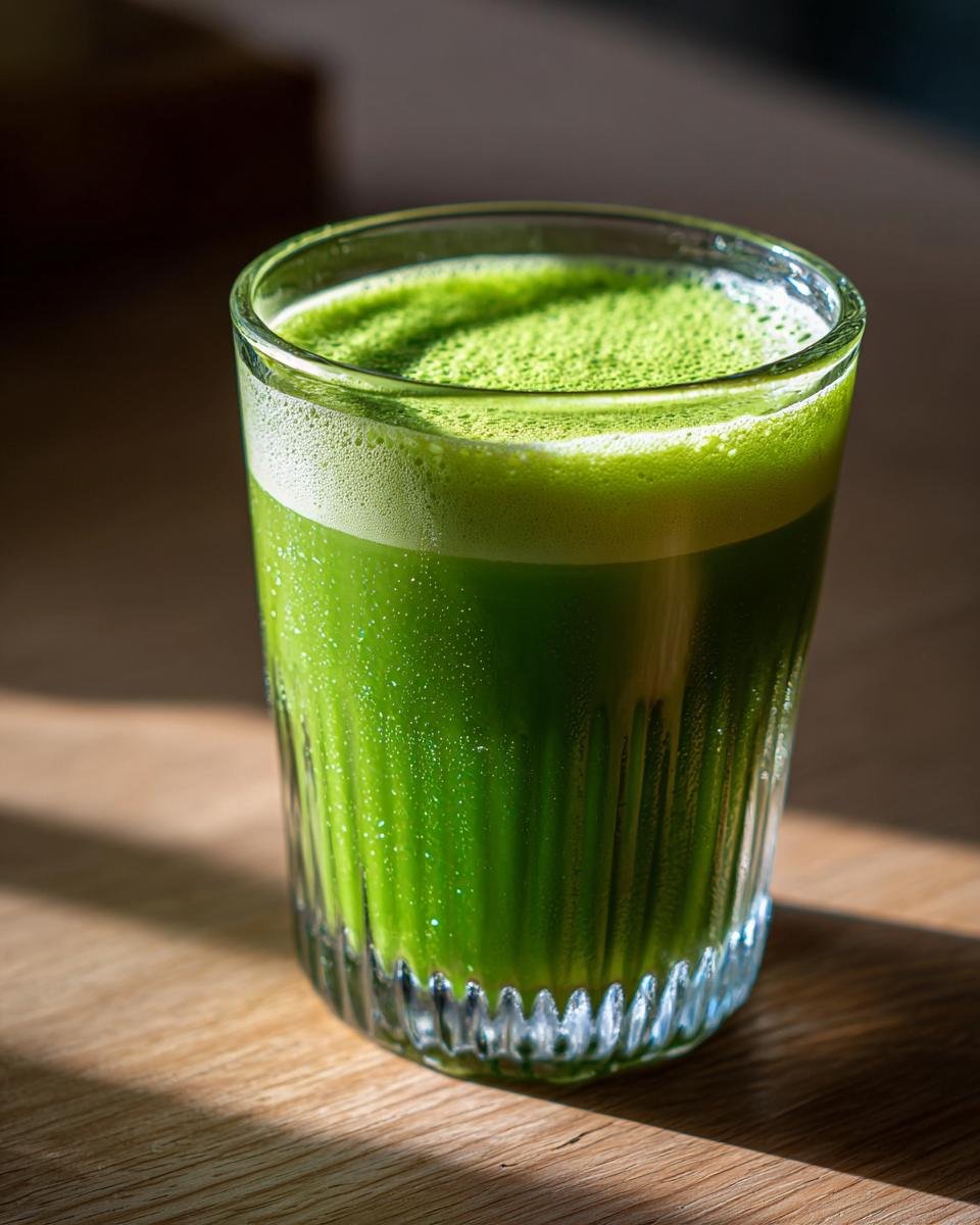 A close-up of a glass filled with vibrant green Creamy Pistachio Milk, topped with a frothy layer.