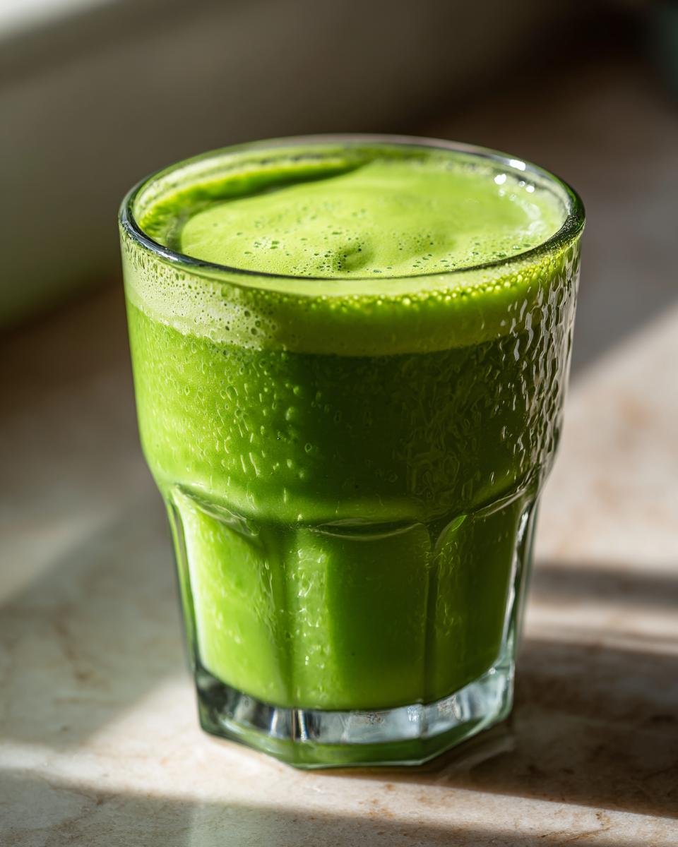 A close-up of a glass filled with vibrant green, creamy pistachio milk, topped with foam.