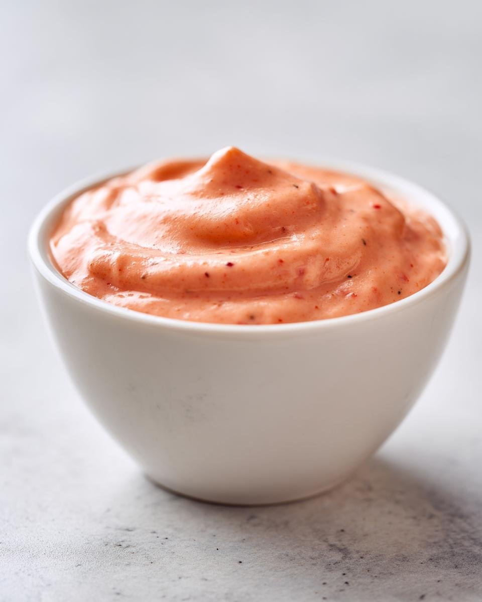 Close-up of thick, pinkish-orange Creamy Thousand Island Dressing swirled in a small white bowl.