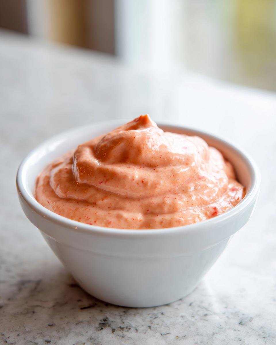 A close-up of thick, pinkish-orange Creamy Thousand Island Dressing mounded in a small white bowl.
