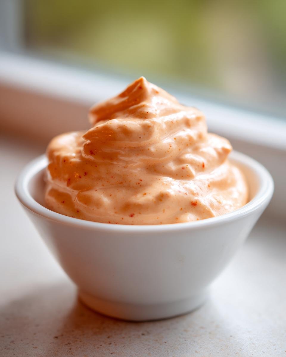 A close-up of thick, orange-pink Creamy Thousand Island Dressing swirled high in a small white dipping bowl.
