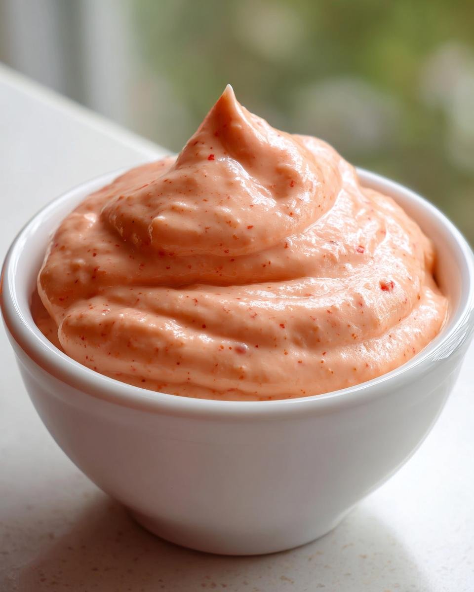 A close-up of thick, creamy Thousand Island Dressing swirled high in a small white bowl.