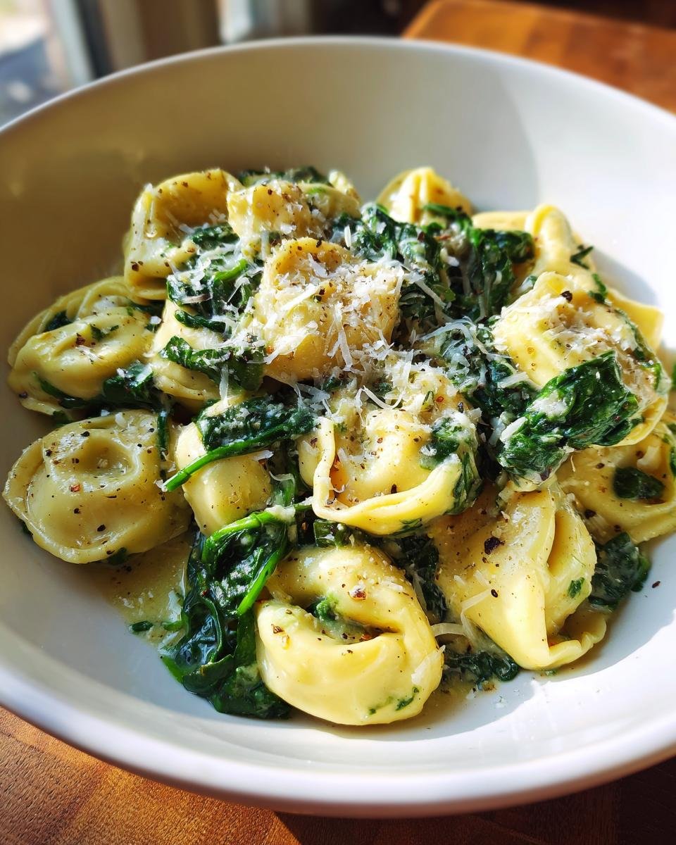 A close-up of a bowl of Irresistibly Creamy Tortellini With Spinach Recipe, topped with grated Parmesan and black pepper.