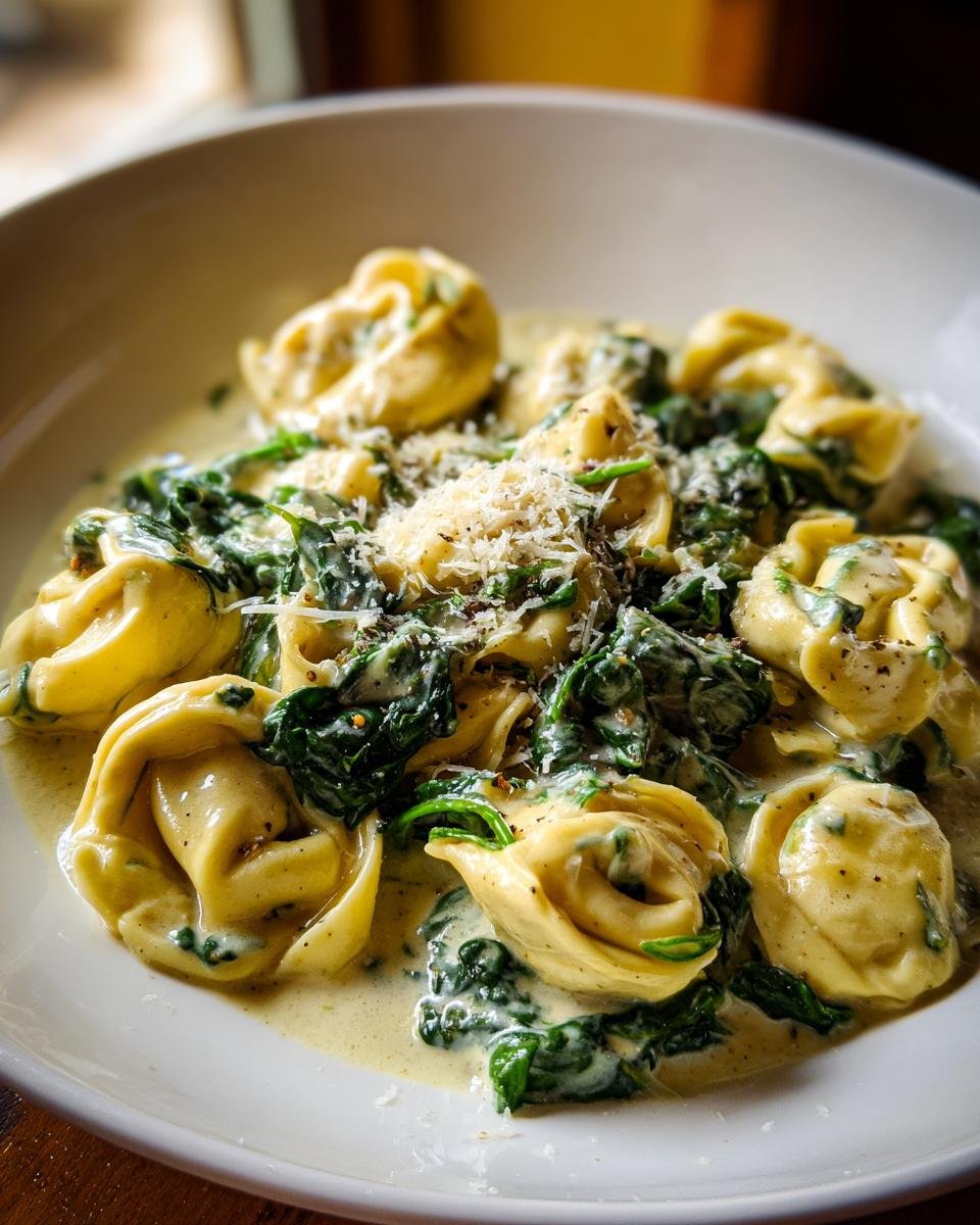 A close-up of Irresistibly Creamy Tortellini With Spinach Recipe in a white bowl, topped with grated cheese.