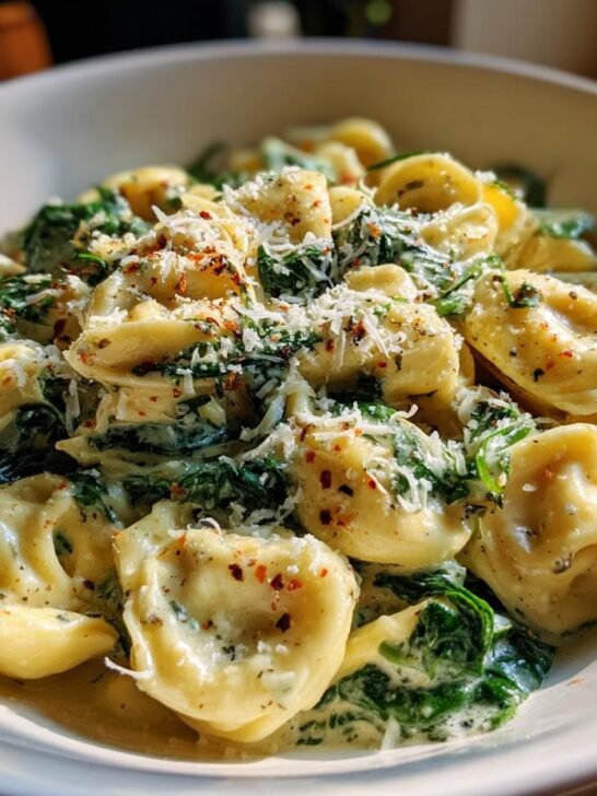 A bowl of Irresistibly Creamy Tortellini With Spinach Recipe, topped with Parmesan cheese and red pepper flakes.