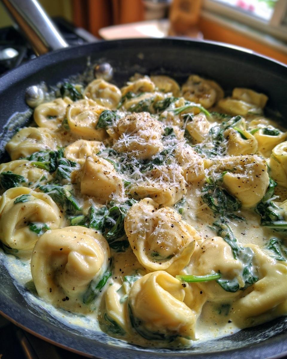 Close-up of Irresistibly Creamy Tortellini With Spinach Recipe in a skillet, topped with grated Parmesan and black pepper.